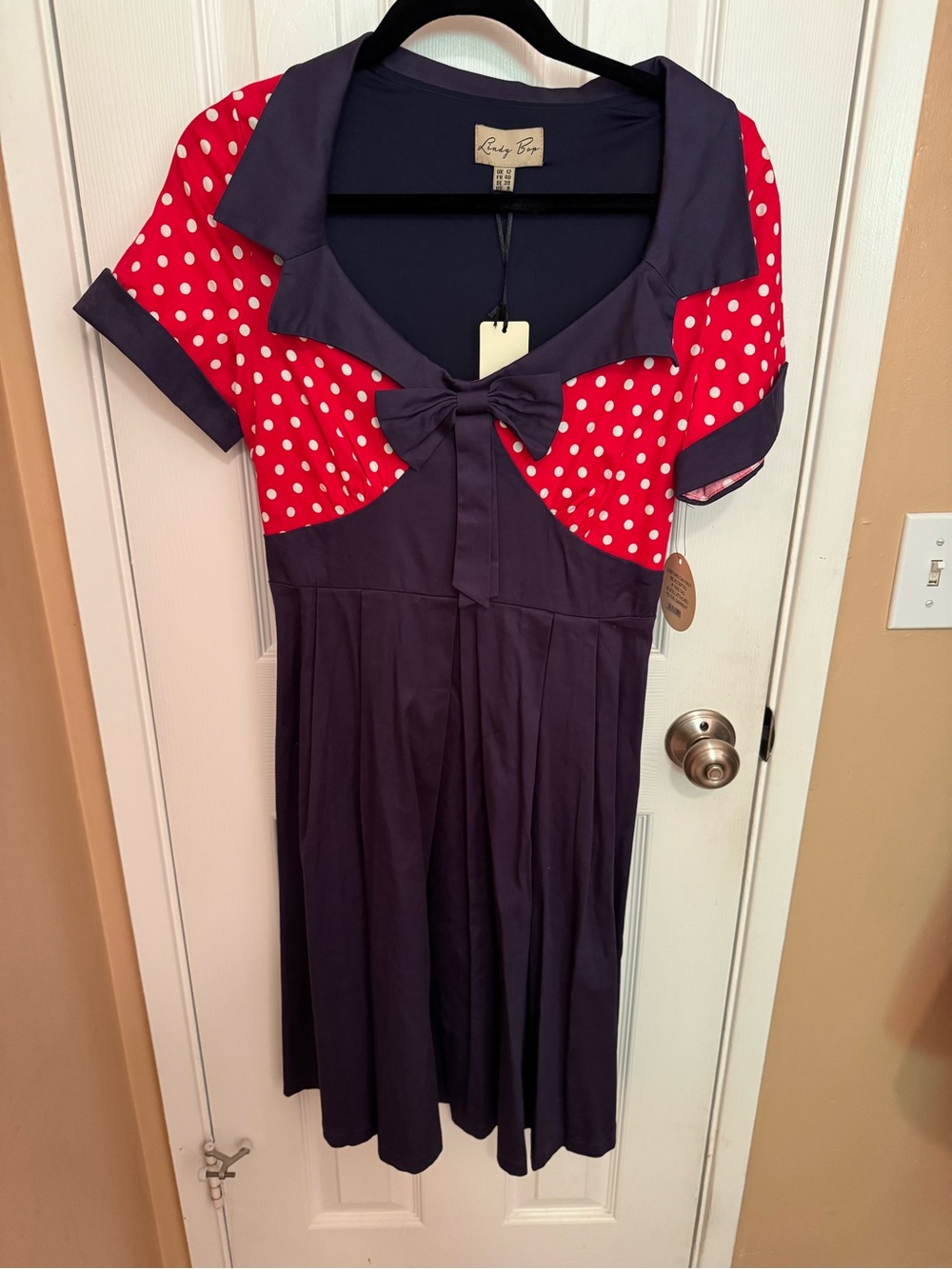 Ruby Rox Navy Dress with Red Polka Dot Yoke and Bow